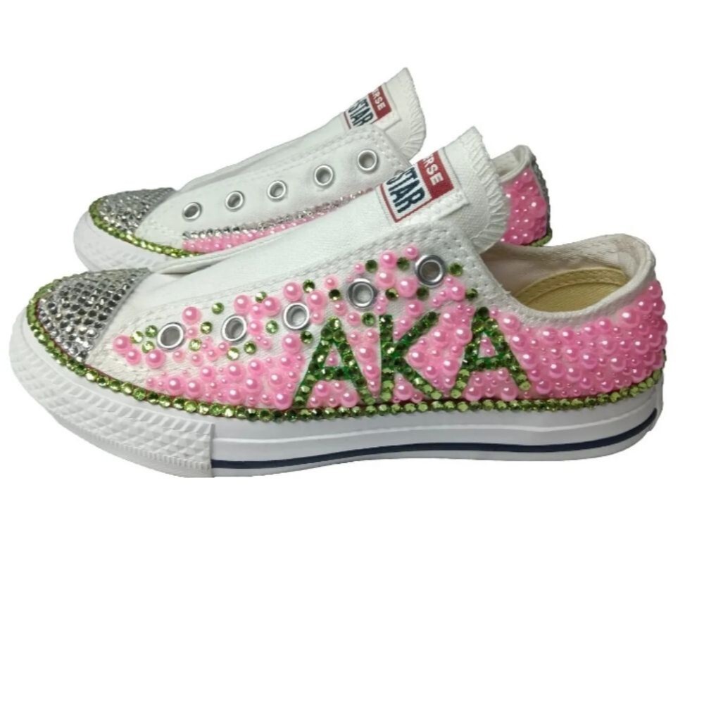 Alpha Kappa Alpha Bling Sneakers Custom Converse Beads Rhinestones Girls Size 13 - Picture 9 of 12